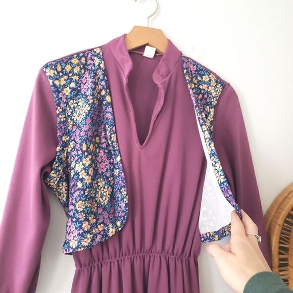 Vintage 70s Boho Hippie Midi Dress Purple Floral Vest S - Picture 4 of 7